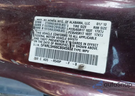 2012 Honda Odyssey Ex-L z USA, uszkodzony, nr VIN 5FNRL5H66CB045938